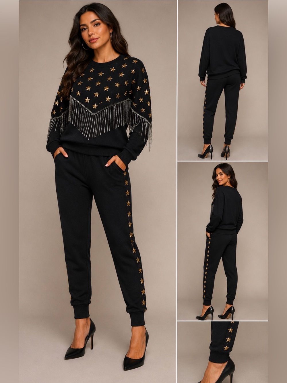 Women's Long sleeves Black Sweatsuit Gold Stars Fringe Sweater Jersey Pants S/ M
